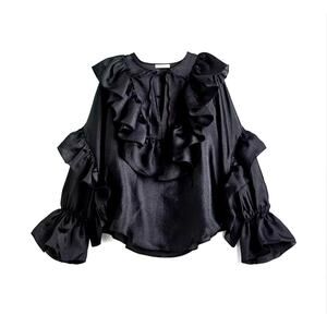 H and M Blouse Womens XSmall Black Flounced Long Sleeve Neck Tie Pullover